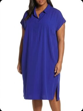 Eileen Fisher Royal Blue Tencel Lyocell Collared Shift Midi Dress Oversized XL